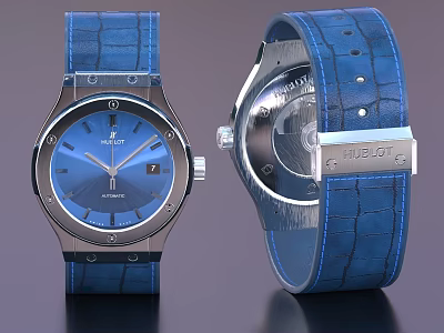 Tudor Automatic Wristwatch With Blue Dial Metal Case And Blue Crocodile Leather Strap Exposed Movement 3d model