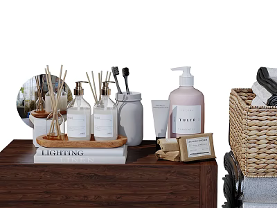 Stylish Bathroom Set With Reed Diffusers Hand Soap Towels And Woven Basket Decor 3d model