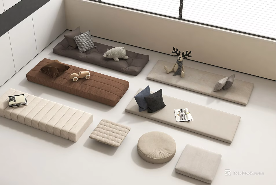 Minimalist Living Space With Soft Cushions Pillows And Decorations 3d model 