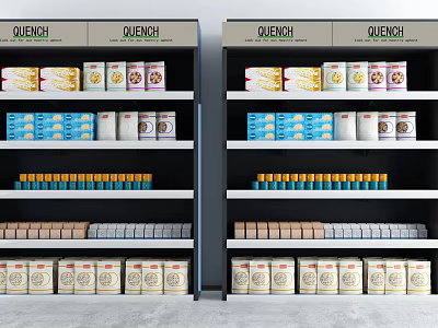 Organized Retail Display Shelves Featuring QUENCH Brand Boxed And Bottled Products 3d model