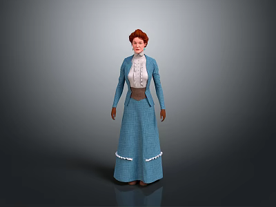 Woman With Red Hair Wearing Blue Long Dress White Blouse And Blue Jacket 3d model