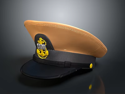 Stylish Military Naval Cap Featuring Brown Brim Black Crown Anchor Badge And Yellow Accent 3d model