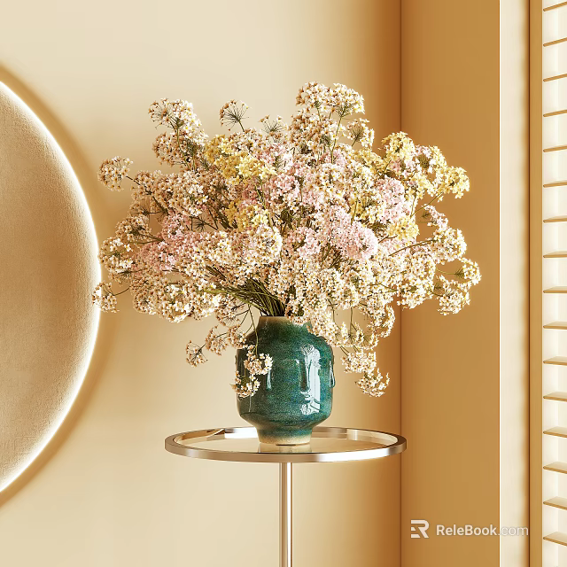 Green Vase With White Pink And Yellow Dried Flowers On Metal Table By Beige Wall 3d model 