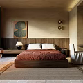 Minimalist Neutral Toned Hotel Room Interior With Bed Pink Blanket Decorative Painting And Perforated Partition