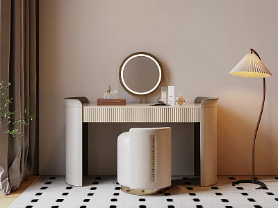 Elegant Modern Dressing Table With Round Mirror Stool Floor Lamp And Neutral Rug 3d model