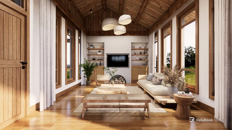 Modern Living Room Interior With Wooden Ceiling Pendant Lights Large Windows And Sofa 3d model 