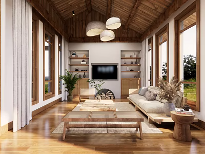 Modern Living Room Interior With Wooden Ceiling Pendant Lights Large Windows And Sofa 3d model