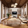 Modern Living Room Interior With Wooden Ceiling Pendant Lights Large Windows And Sofa
