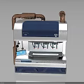 Industrial Equipment Unit With Copper Pipes Blue White Body Control Panel And Radiation Symbol
