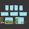 Living Room Interior With Green Sofa Armchair Bookshelf And Wooden Tables