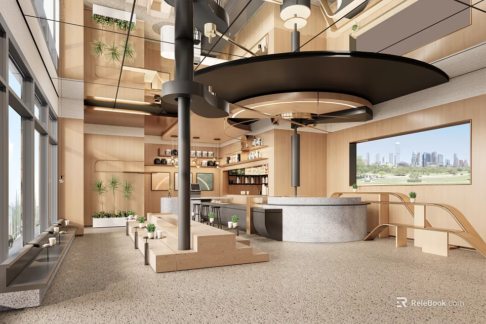 Modern Milk Tea Shop Interior With Wooden Elements Bar Counter Green Plants And City View 3d model 