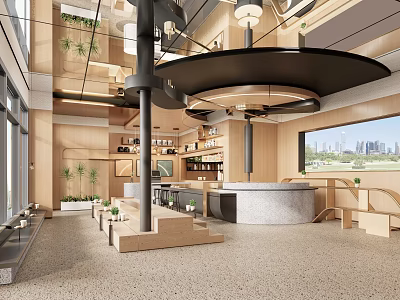 Modern Milk Tea Shop Interior With Wooden Elements Bar Counter Green Plants And City View 3d model