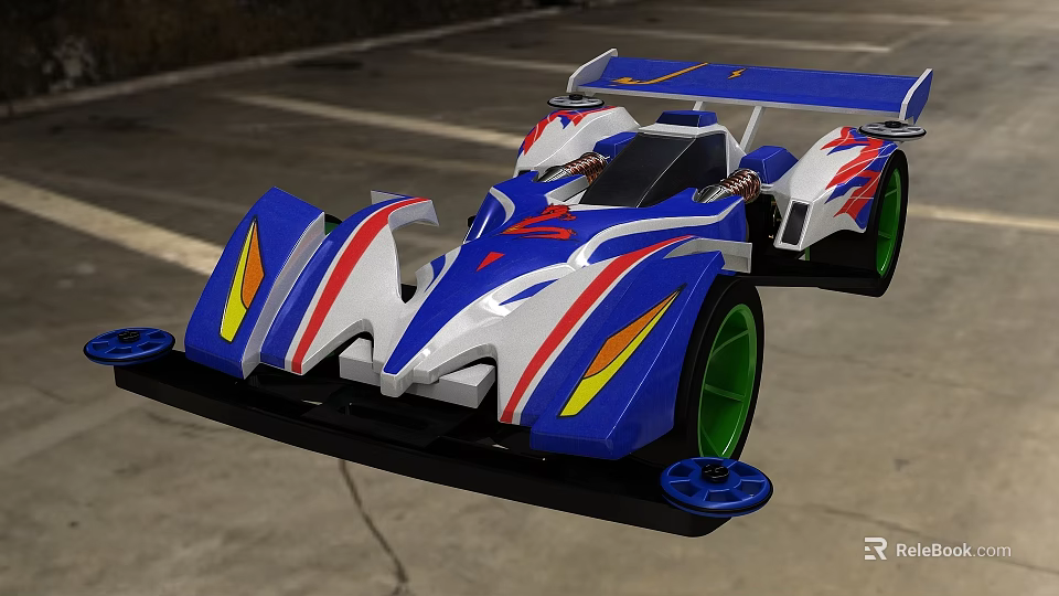 Blue White Red Streamlined Racing Car With Green Wheels And Rear Wing Toy Model 3d model 