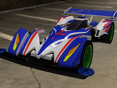 Blue White Red Streamlined Racing Car With Green Wheels And Rear Wing Toy Model 3d model