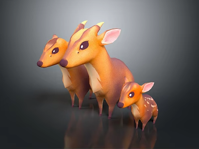 Three Cute Cartoon 3D Model Deer With Brown Fur And Pink Ears On Dark Background 3d model