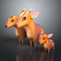 Three Cute Cartoon 3D Model Deer With Brown Fur And Pink Ears On Dark Background