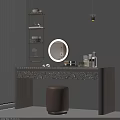 Elegant Dressing Table with Round Mirror Marble Countertop Carved Design Brown Stool and Skincare Products