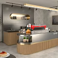 Modern Café Interior Featuring Red Black Coffee Machine on Metal Countertop with Cups
