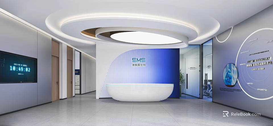 Elegant Curved Modern Office Reception Desk With Blue Gradient Brand Background And Circular Ceiling Light 3d model 