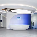 Elegant Curved Modern Office Reception Desk With Blue Gradient Brand Background And Circular Ceiling Light