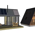 Wooden House with Triangular Roof Solar Panels Outdoor Terrace and Balcony Stairs