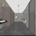 Modern Public Restroom Interior With Marble Flooring Washbasins And Stalls