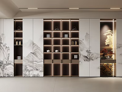 Modern Chinese Interior Design Decorative Cabinet with Landscape Painting Lighting Strip and Storage 3d model