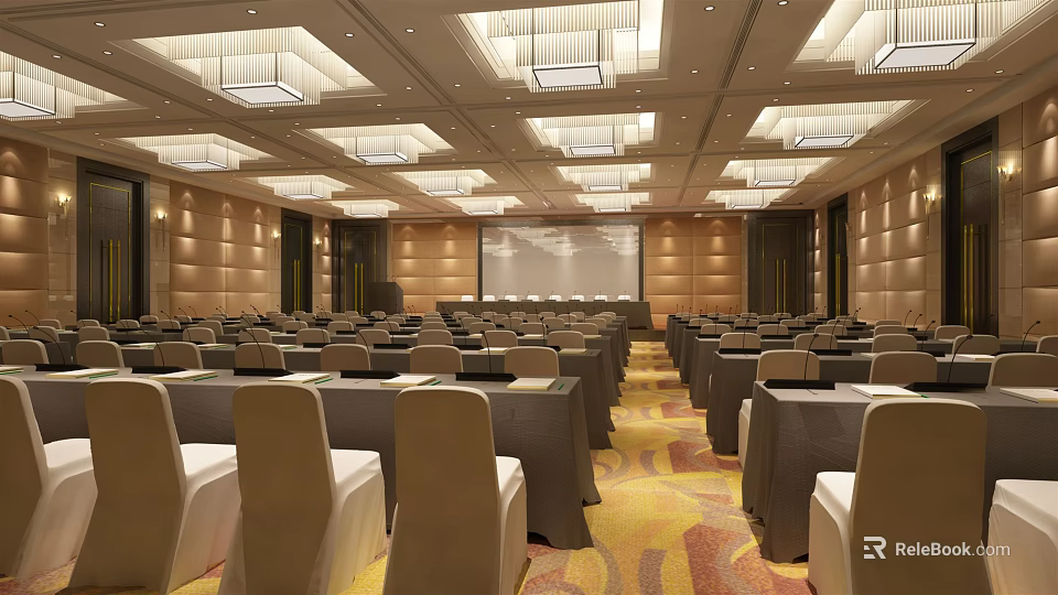 Large Modern Conference Room With Projection Screen Chandeliers And Arranged Seats 3d model 
