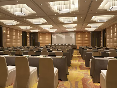 Large Modern Conference Room With Projection Screen Chandeliers And Arranged Seats 3d model