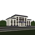 Modern Office Building With Stone Exterior Large Windows Front Cars And Surrounding Trees