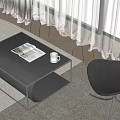 Modern Black Coffee Table With Newspaper Cup On Carpet Near White Curtains And Chair