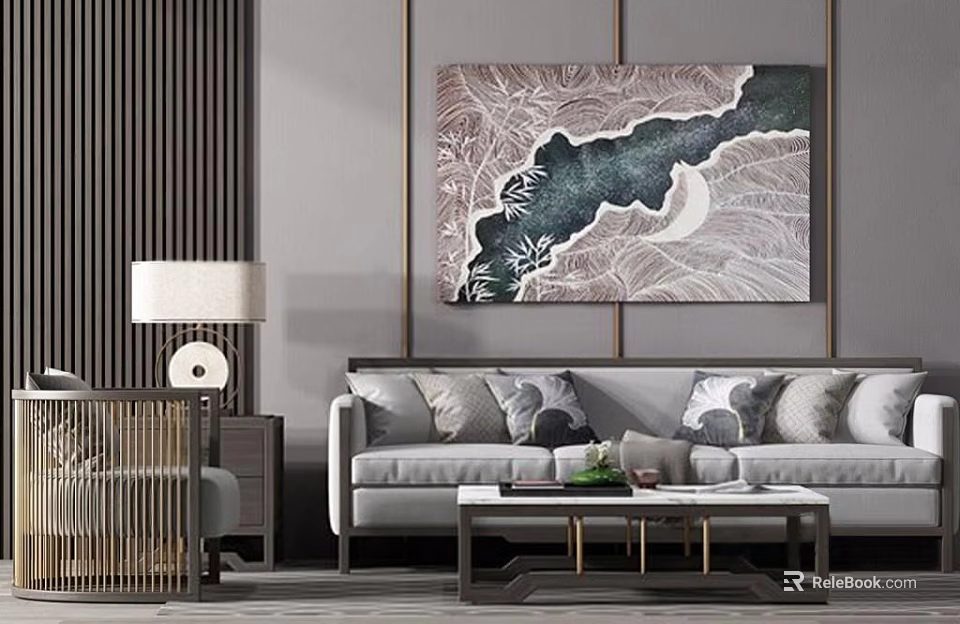 Modern Sofa and Coffee Table Set With Throw Pillows Table Lamp and Decorative Wall Art 3d model