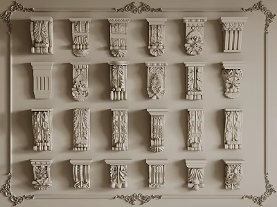 Decorative Column Capitals with Various Intricate Classical Designs Arranged on Wall 3d model
