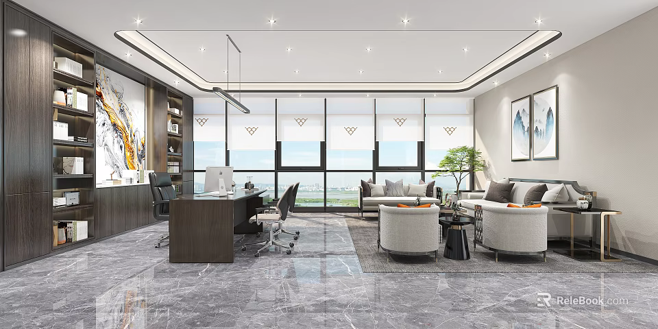 Modern Office Interior With Open Layout Large Windows Desk Sofa And Plants 3d model