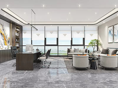 Modern Office Interior With Open Layout Large Windows Desk Sofa And Plants 3d model