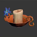 Orange Bowl Shaped Candle Lamp With Blue Flower Decoration And Handles