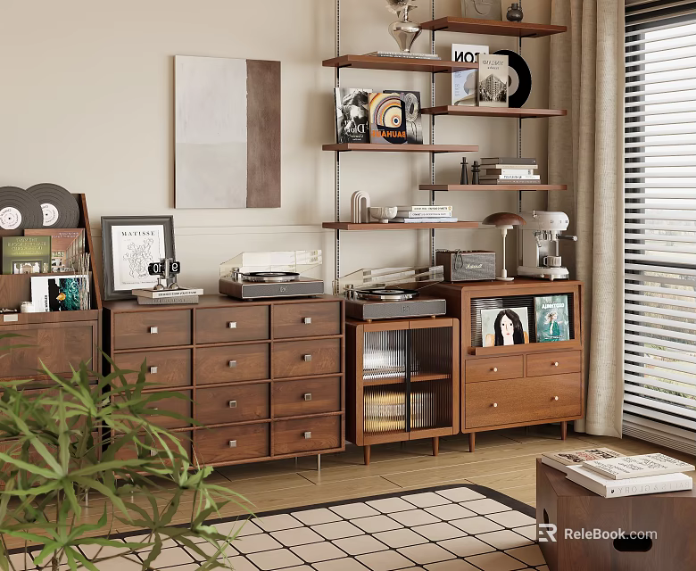 Modern Wooden Shelf Unit With Books Coffee Maker Decor Items And Drawer Cabinet 3d model 