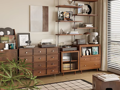 Modern Wooden Shelf Unit With Books Coffee Maker Decor Items And Drawer Cabinet 3d model
