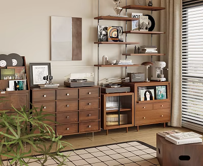 Modern Wooden Shelf Unit With Books Coffee Maker Decor Items And Drawer Cabinet 3d model