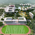 Aerial View of School Campus Buildings with Greenery Lakes Surrounding Trees and Road Networks
