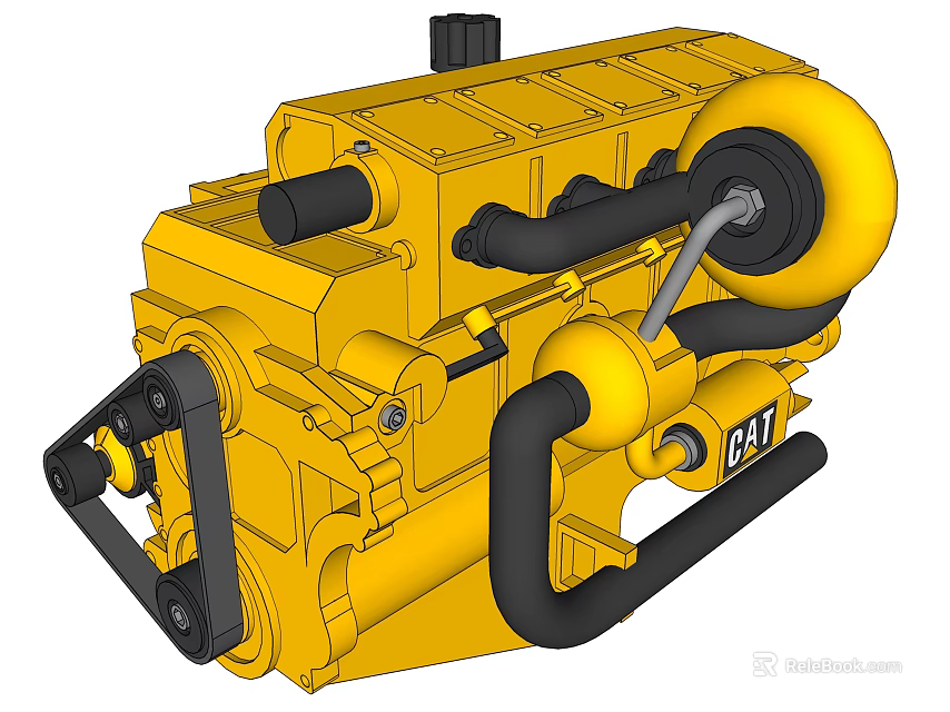 Detailed Yellow CAT Industrial Engine With Turbocharger And Black Pipes 3d model 