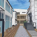 Coastal Architectural Area With Lighthouse Modern White Buildings And Outdoor Sun Umbrellas