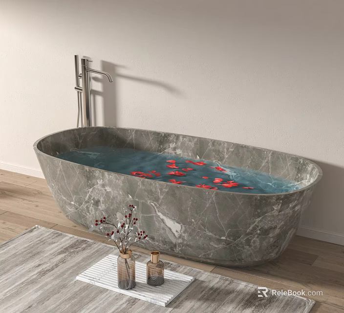 Oval Gray Marble Bathtub with Water and Red Petals on Wooden Floor Faucet 3d model 