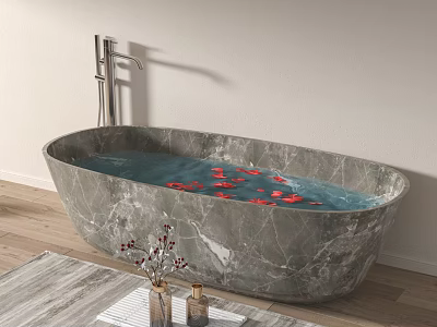 Oval Gray Marble Bathtub with Water and Red Petals on Wooden Floor Faucet 3d model