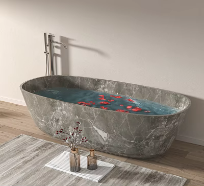 Oval Gray Marble Bathtub with Water and Red Petals on Wooden Floor Faucet 3d model