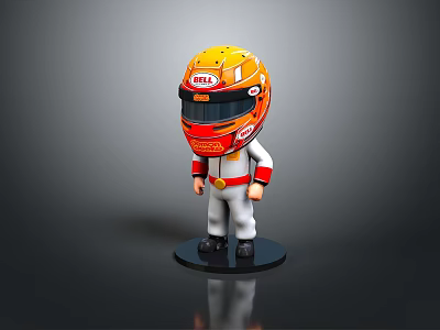 Cartoon Racer Figurine With Yellow Orange HELA Helmet White Red Racing Suit Black Base 3d model