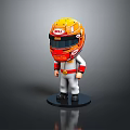 Cartoon Racer Figurine With Yellow Orange HELA Helmet White Red Racing Suit Black Base