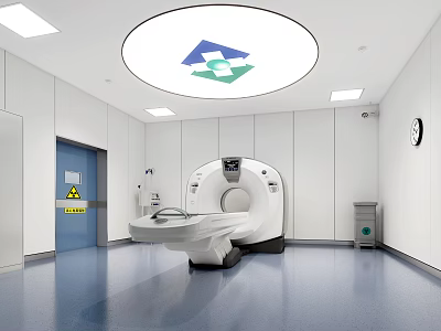 CT Scanner in Medical Room with White Walls Blue Floor and Circular Ceiling Light 3d model