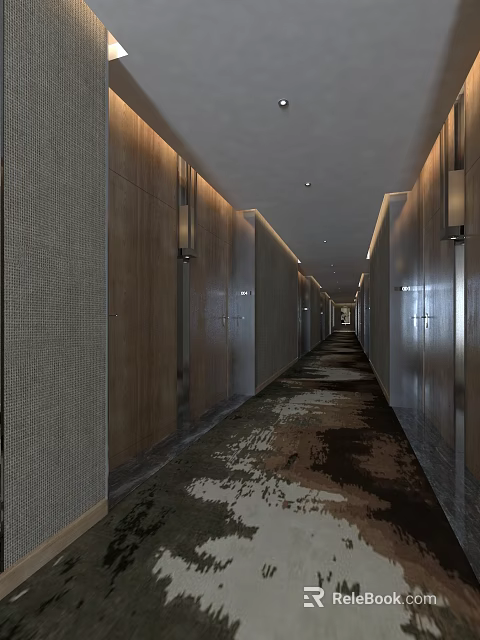 Modern Hotel Corridor Interior Design With Wooden Walls And Patterned Carpet 3d model 