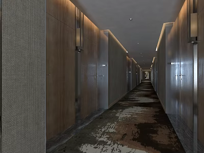 Modern Hotel Corridor Interior Design With Wooden Walls And Patterned Carpet 3d model